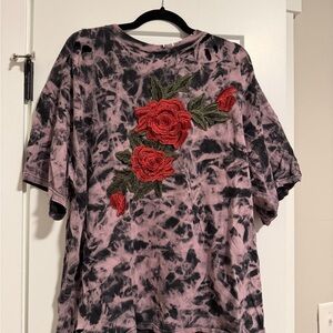 Fashion Nova Tie-Dye Top with Red Floral Embroidery